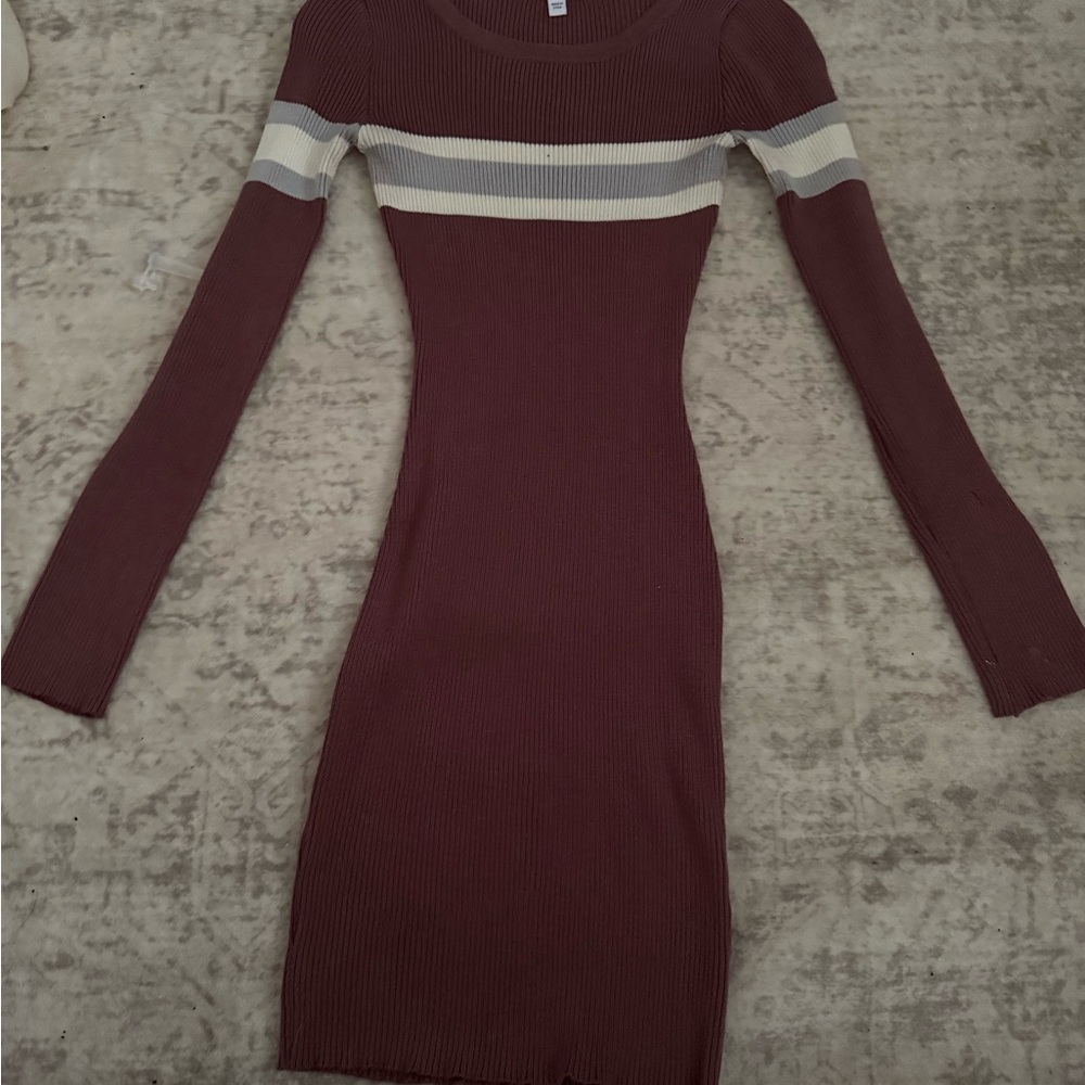 Fashion Nova Burgundy and Cream Long Sleeve Dress